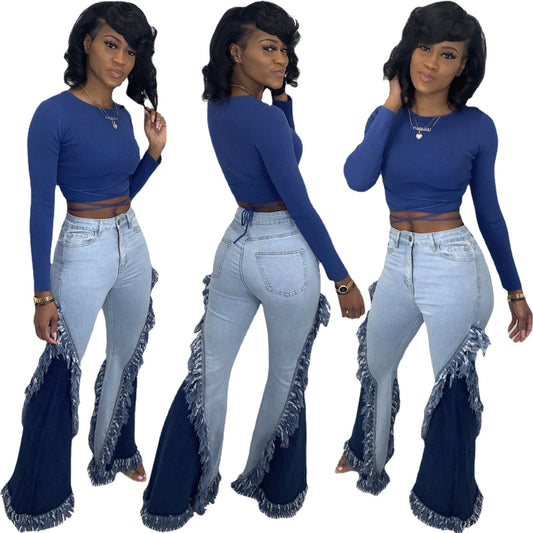 Mid Waist Slim And Wide Leg Color Matching Flared Jeans
