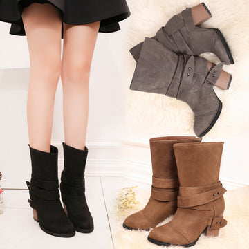 Pointed Thick Heel Large Frosted Boots