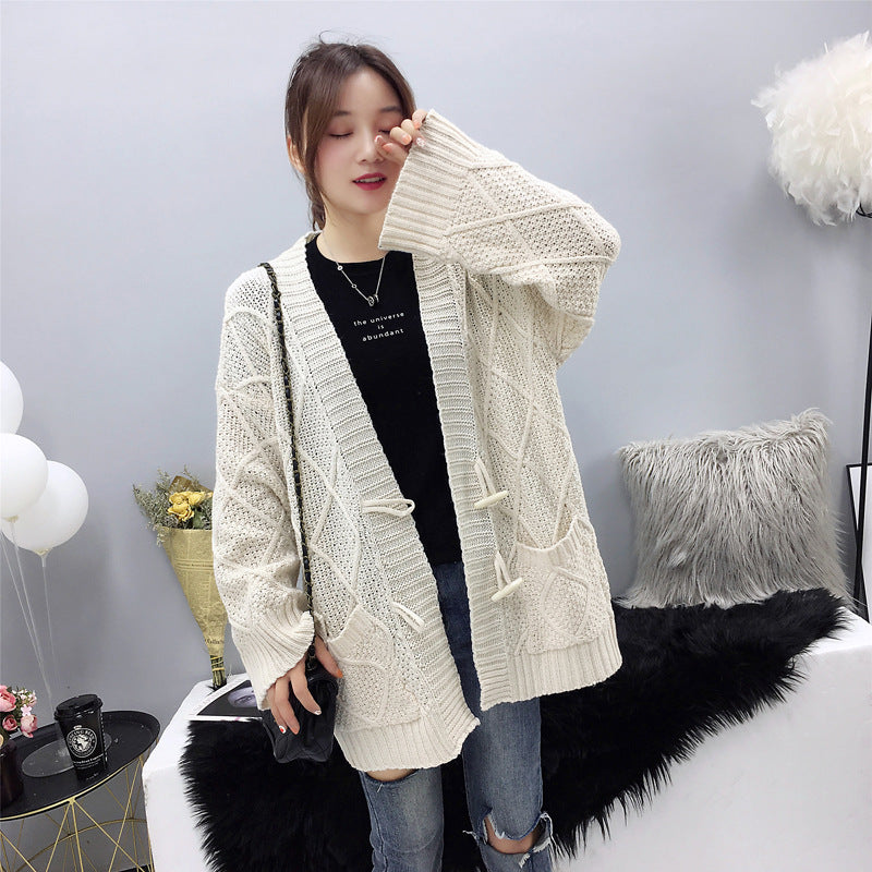 Cable Knit Solid Pockets Loose Dropped Shoulder Sweater