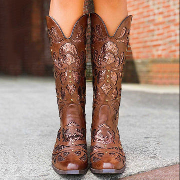 Square Toe Chunky Heel Slip-On PU Western Boots
