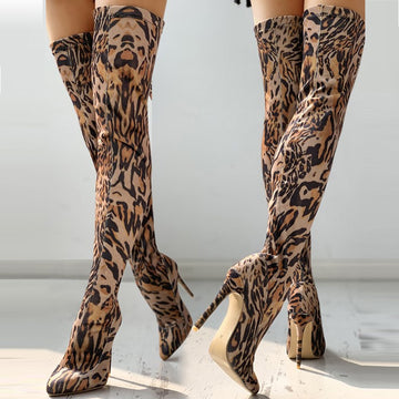 Fashion Leopard Print High Tube Thin High-Heeled Knee Boots