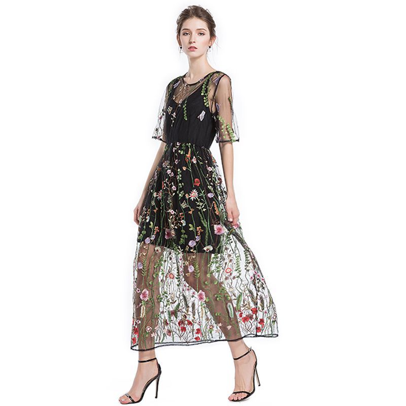 Embroidery Flowers Transparent Mesh Patchwork Long Dress
