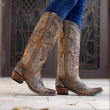 Plant Chunky Heel Round Toe Slip-On Embroidery Western Boots