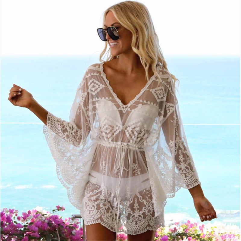Lace mesh embroidered drawstring beach blouse loose holiday sunscreen bikini