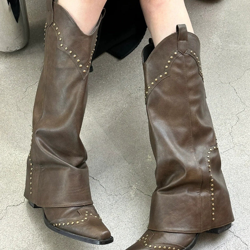Vintage Boots | Chunky Heel Boots | Rivet Accents Boots