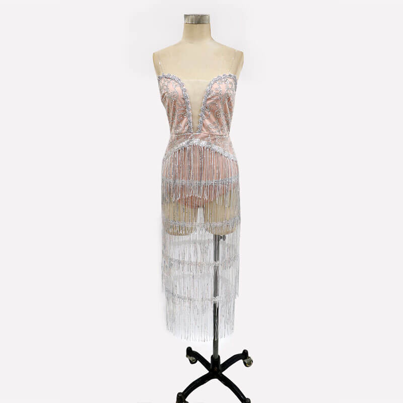 Silver Fringe See Through Party Dress