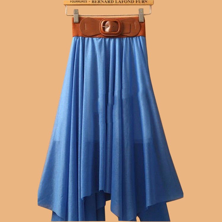 Chiffon Irregular Bohemian Flare Pleated Beach Middle Belt Skirt - Meet Yours Fashion - 10