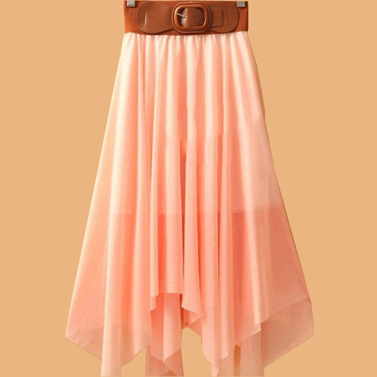 Chiffon Irregular Bohemian Flare Pleated Beach Middle Belt Skirt - Meet Yours Fashion - 7