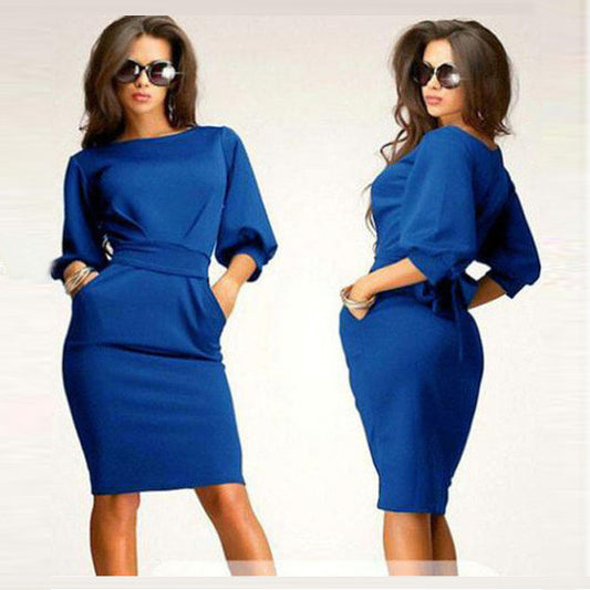 Unique Puff 3/4 Sleeves Bodycon Knee-length Casual Dress