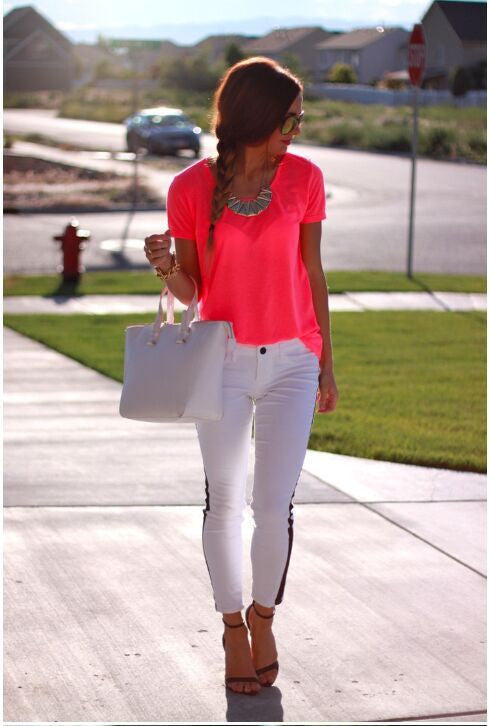 Scoop Short Sleeves Pure Color Loose Blouse