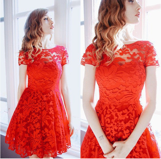 Fashion A-line Hollow Out Lace Knee-length Dress - MeetYoursFashion - 4