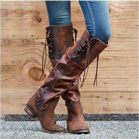Leather Lace Up Low Heel Knee High Boots