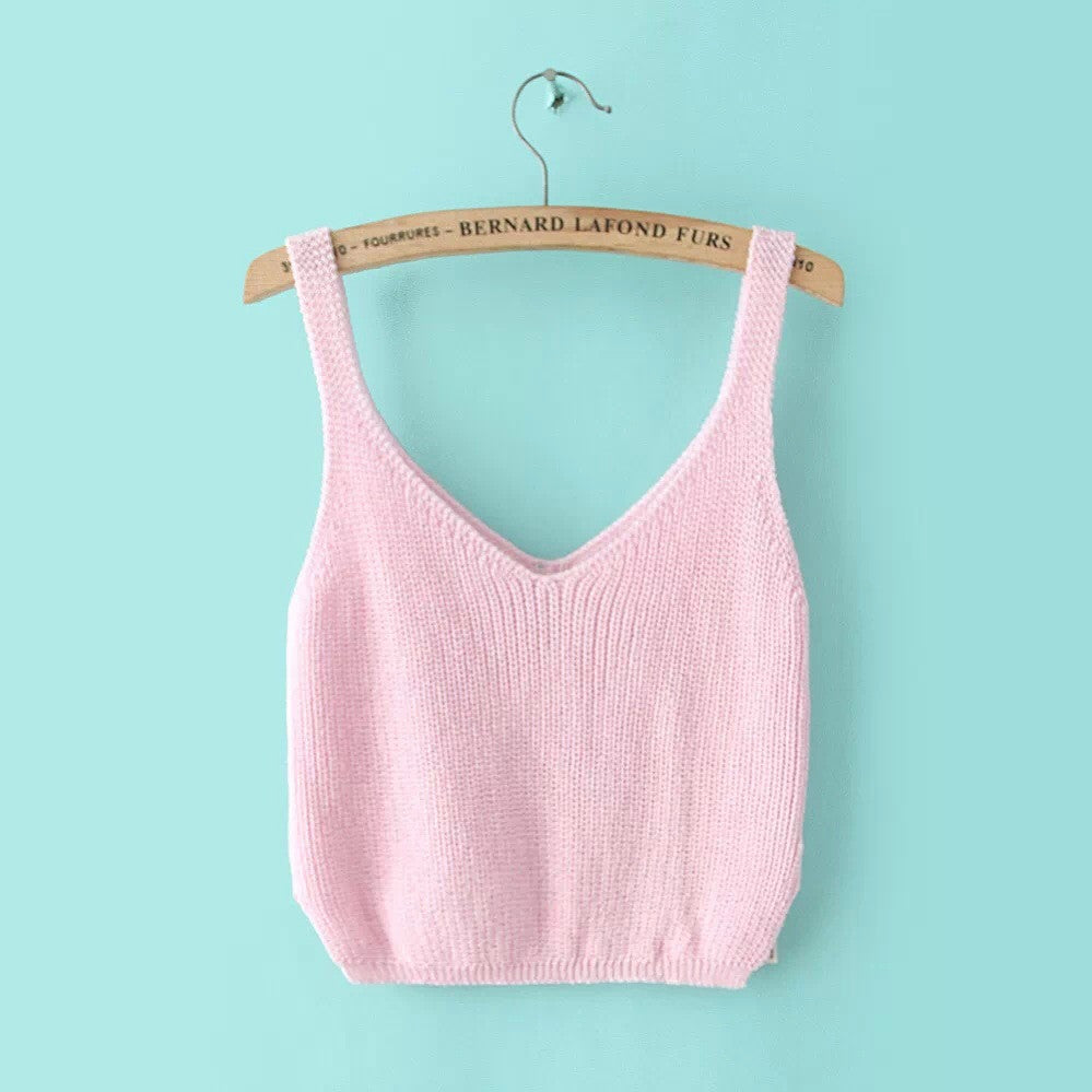 Knitting Spaghetti Strap V-neck Pure Color Vest - Meet Yours Fashion - 7
