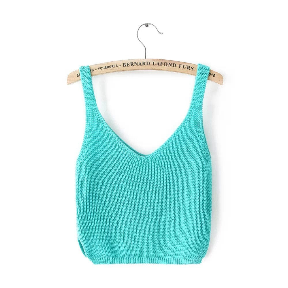Knitting Spaghetti Strap V-neck Pure Color Vest - Meet Yours Fashion - 8