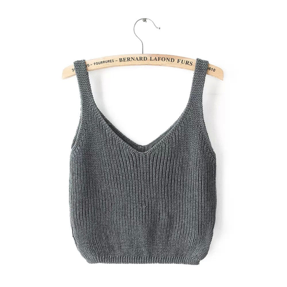Knitting Spaghetti Strap V-neck Pure Color Vest - Meet Yours Fashion - 5