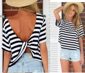 Striped Backless Back Cross Casual Top T-shirt - Meet Yours Fashion - 1