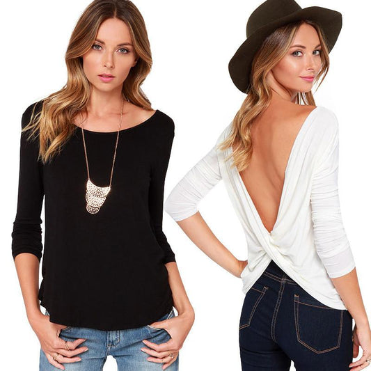 Backless Scoop Bat-wing Sleeves Back Cross Casual T-shirt
