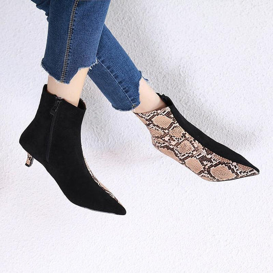 Snakeskin Color Block Pointed Toe High Heel Ankle Boots