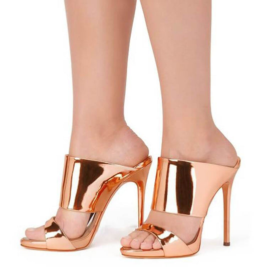 Open Toe High Heel Patent Leather Metallic Sandals