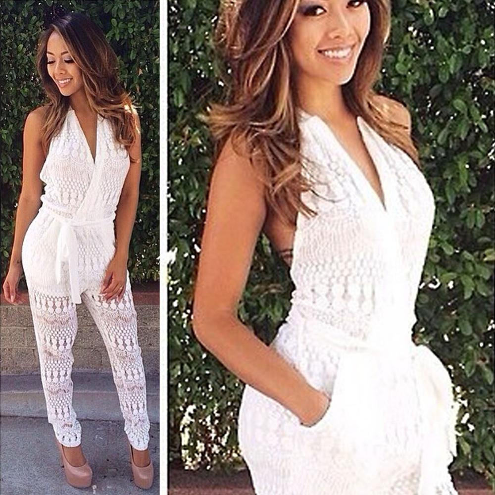 Backless Sexy Transparent Halter Lace V-neck Long Jumpsuits - Meet Yours Fashion - 3