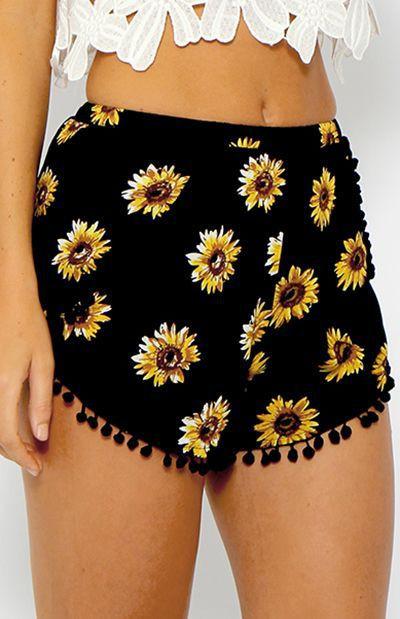 Beach Flower Print Balls Elastic Hot Shorts