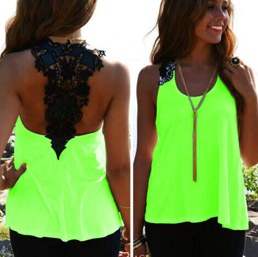 Lace Patchwork Hollow Backless Sleeveless Scoop Vest