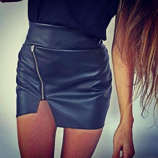 Irregular Zipper PU Bodycon High Waist Slim Short Skirt