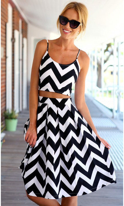 Striped Spaghetti Strap Crop Top Pleated Knee-length Skirt Dress Suit - Meet Yours Fashion - 1