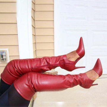 Party Red PU Pointed Toe Cutout Over Knee Boots