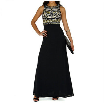 Beautiful Geometry Print Sleeveless Black Chiffon Long Dress