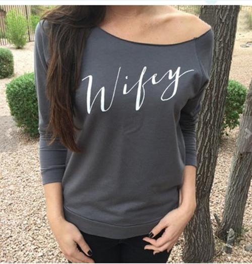 Letter Print Long Sleeves Scoop T-shirt - Meet Yours Fashion - 1