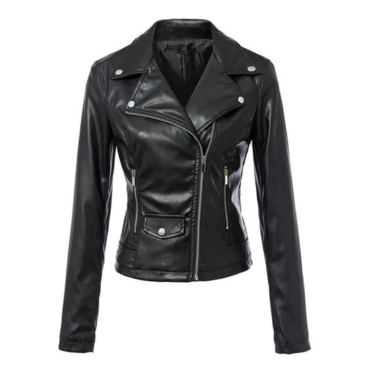 Women Black Zipper Rivet Crop Moto Jacket