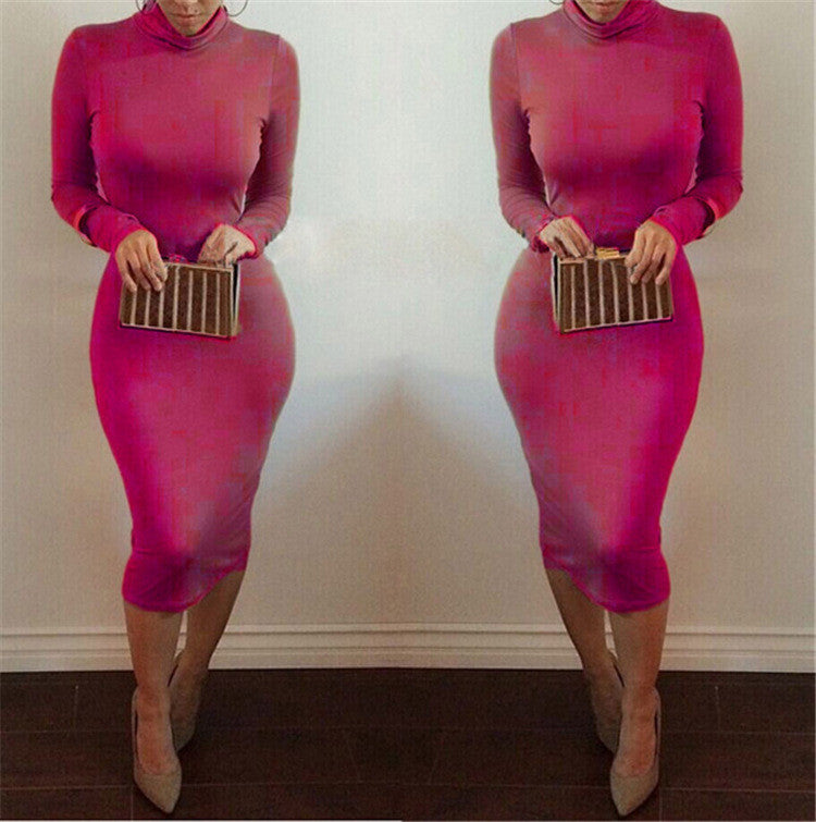 High Neck Long Sleeves Bodycon Pure Color Party ClubDress - MeetYoursFashion - 6
