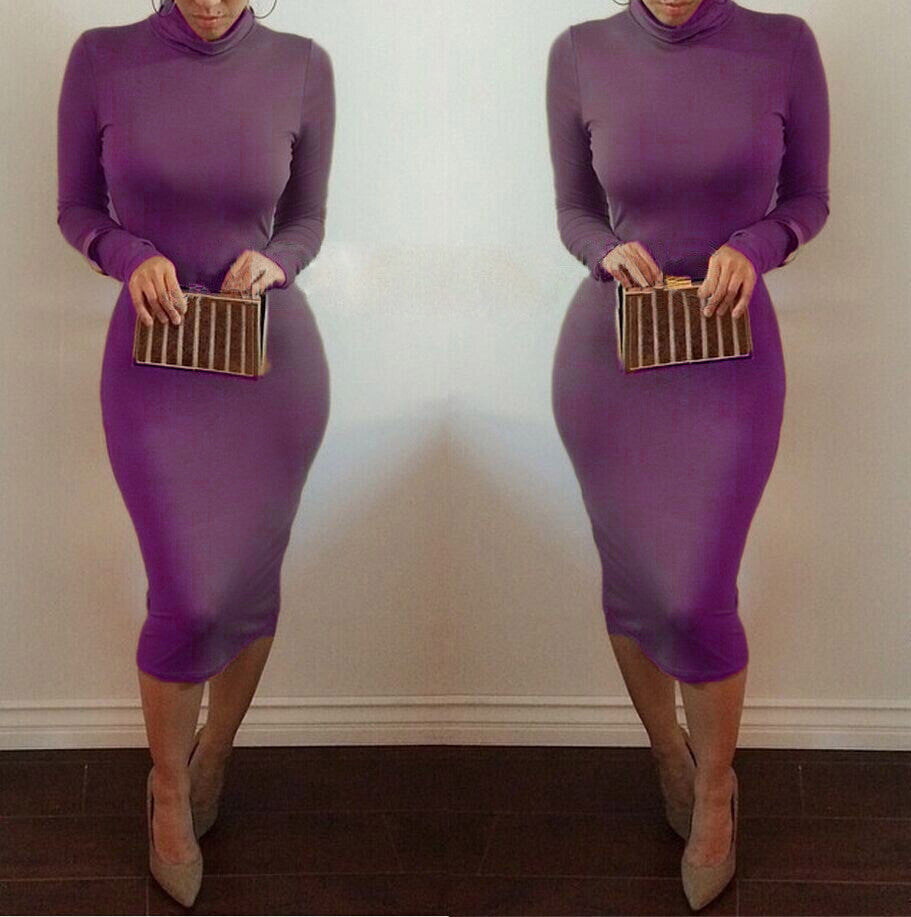 High Neck Long Sleeves Bodycon Pure Color Party ClubDress - MeetYoursFashion - 8
