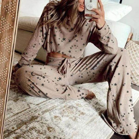 Casual Star Print Loose High Waist Long Sleeve Wide Leg Two Pieces Set