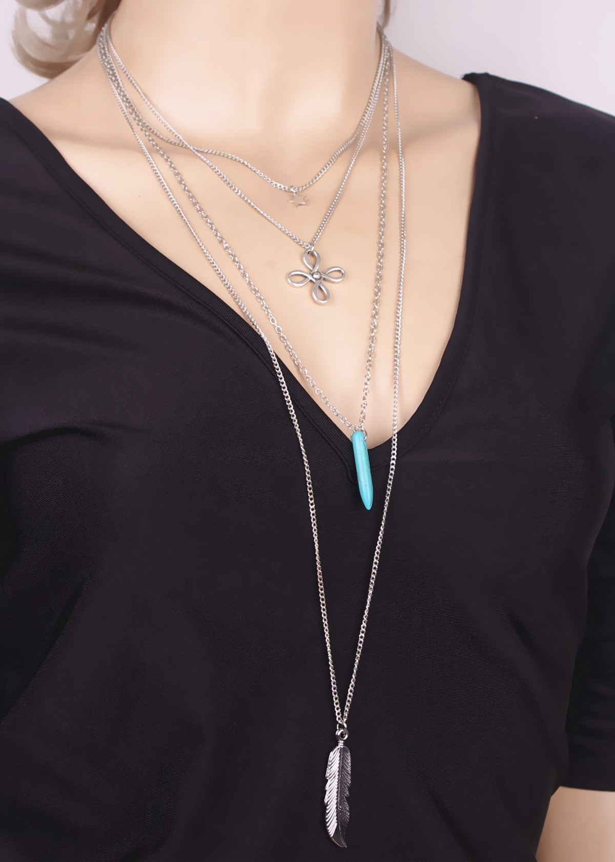 Feather Tassel Knot Stars Multilayer Necklace