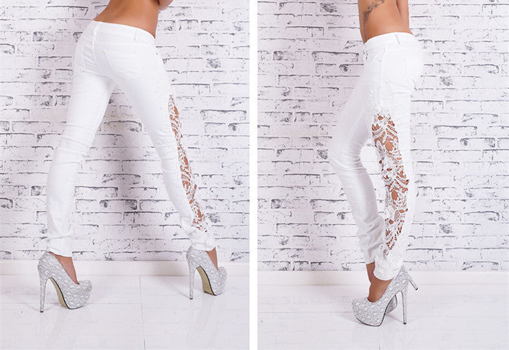 Plus Size Lace Patchwork Slim Straight Low Waist Jeans - Meet Yours Fashion - 4