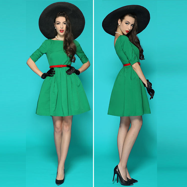 Scoop 1/2 Sleeves Pure Color Flared Pleated Short Dress With Belt