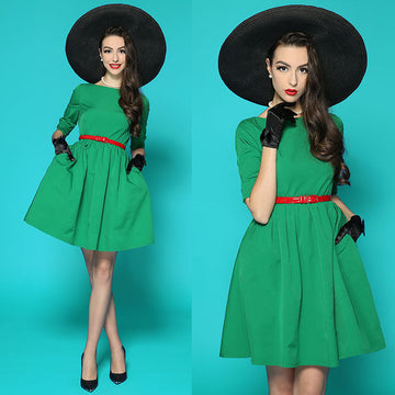 Scoop 1/2 Sleeves Pure Color Flared Pleated Short Dress With Belt