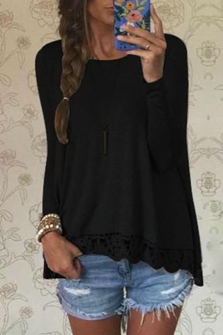 Lace Patchwork Long Sleeves Casual Loose Scoop T-shirt - Meet Yours Fashion - 4