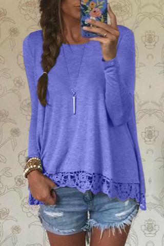 Lace Patchwork Long Sleeves Casual Loose Scoop T-shirt - Meet Yours Fashion - 6