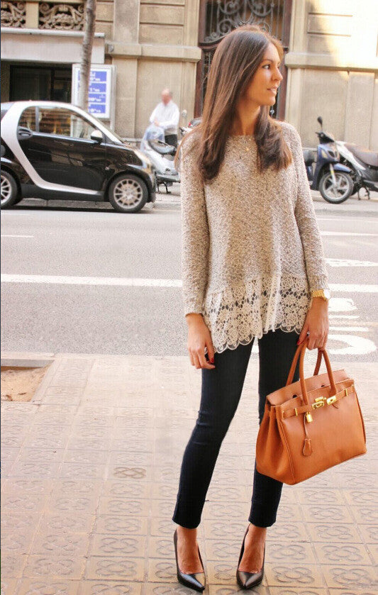 Lace Trim Pure Color Loose Knit Sweater - Meet Yours Fashion - 1