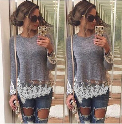 Lace Patchwork Long Sleeves Scoop Irregular Blouse