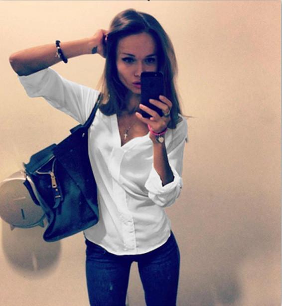 V-neck Long Sleeves Pure Color Slim Blouse Shirt - Meet Yours Fashion - 3