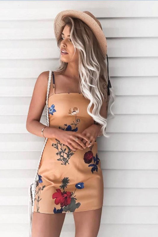 Backless Flower Print Spaghetti Straps Short Dress