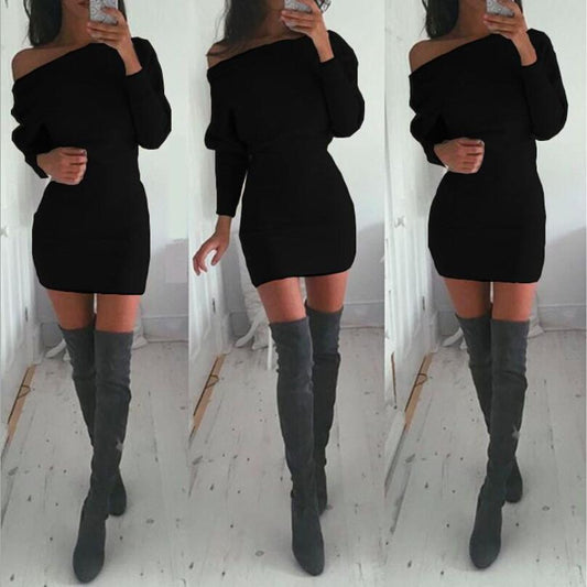 Clearance Bodycon Boat Neck Long Sleeves Short Dress
