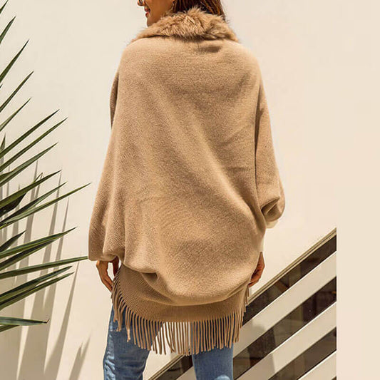Fringed Poncho Cardigan Pure Color Sweater 