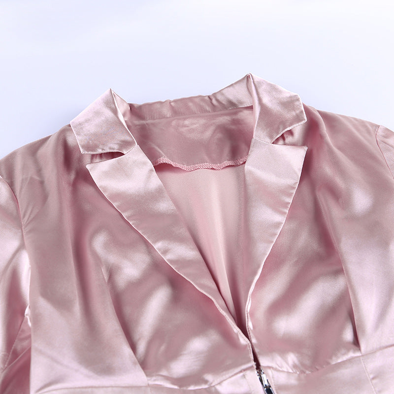 Pink Bodycon Long Sleeve Zipper Shirt Dress