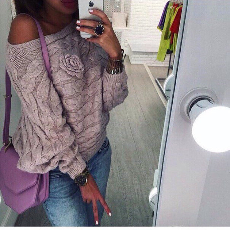 Cable Flower Knit Thick Pullover Short Sweater