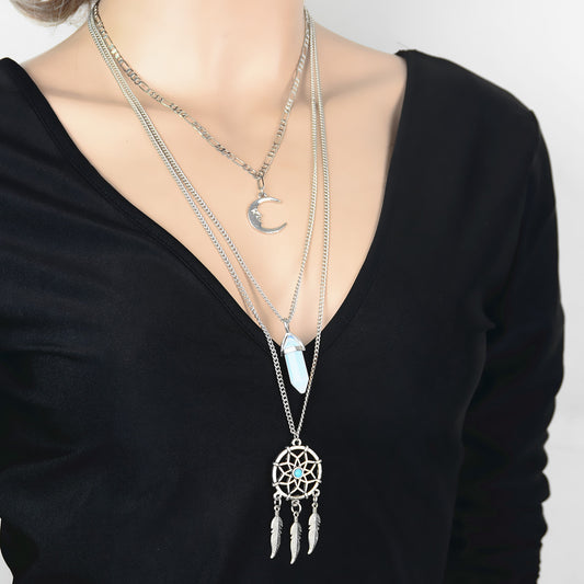 Dreamcatcher Crystal Moon Long Cloth Chain Necklace